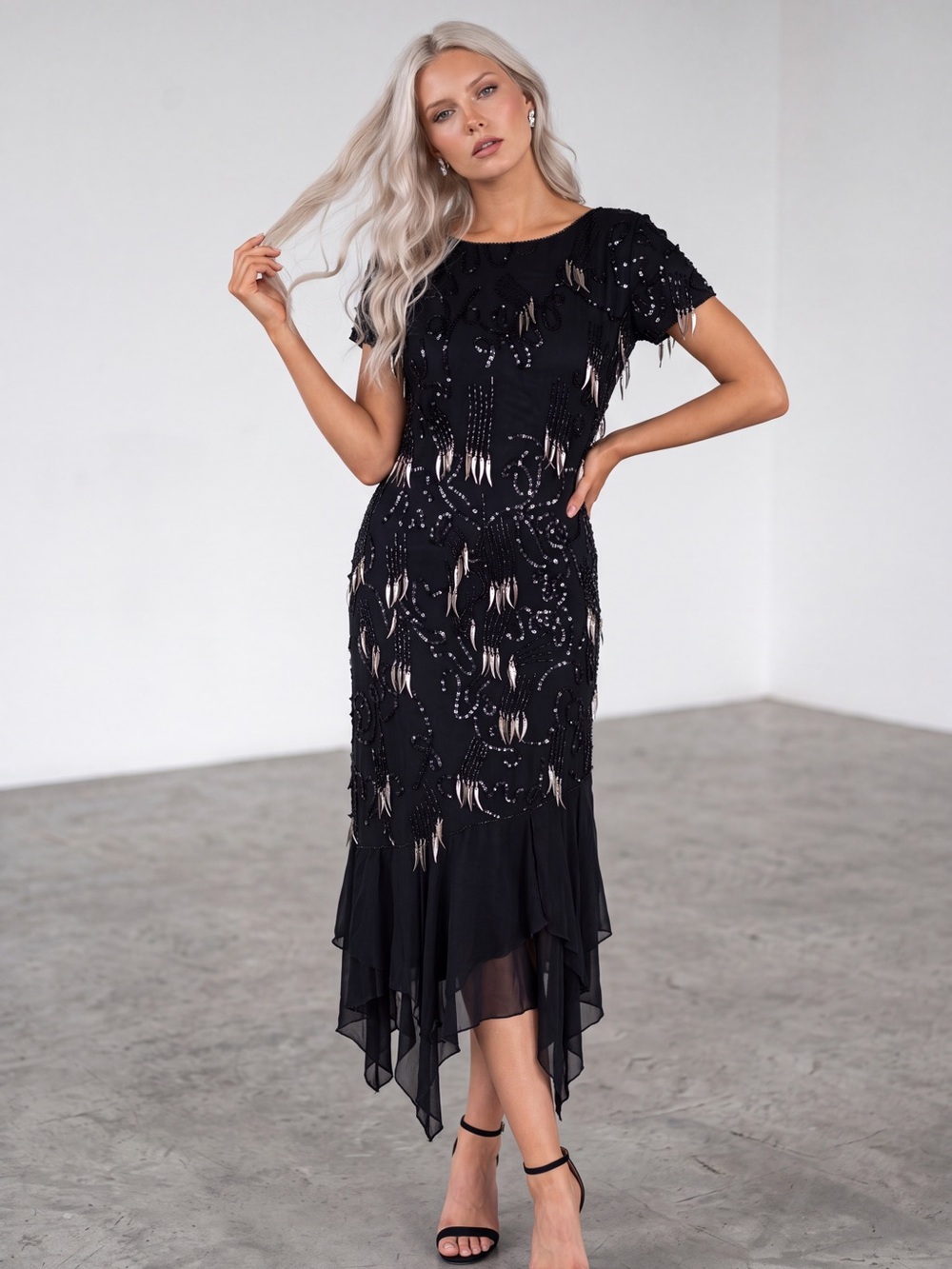 Vintage Black Beaded High-Low Midi Dress